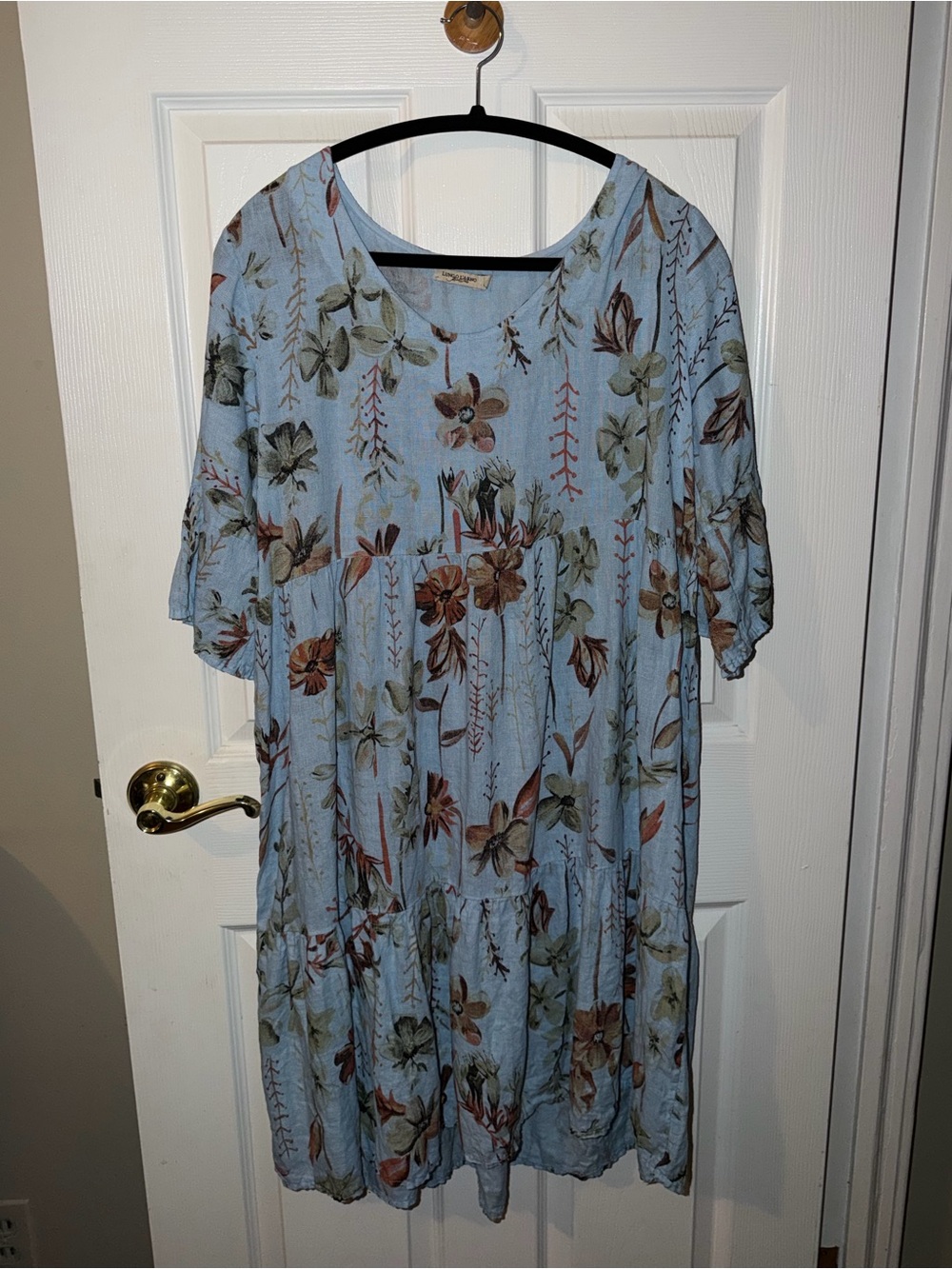 Lungo L’arno 100% linen womens dress size large light blue brown flowers